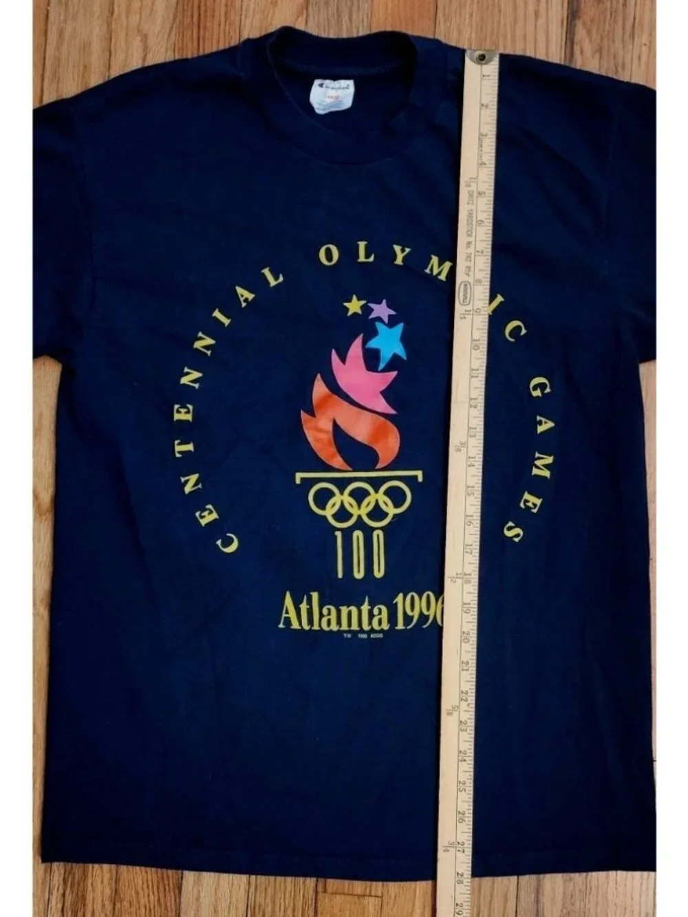 Vintage Champion Atlanta Olympics 1996 TShirt large graphic torch rings spellout - Picture 5 of 7
